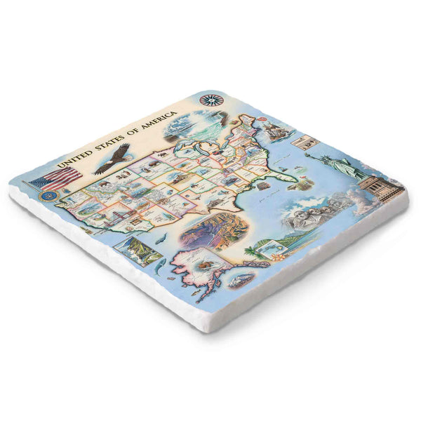USA map artwork on a 6x6 natural stone trivet by Xplorer Maps.