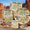 Set of Utah-themed trays with map design on a wooden surface with desert background