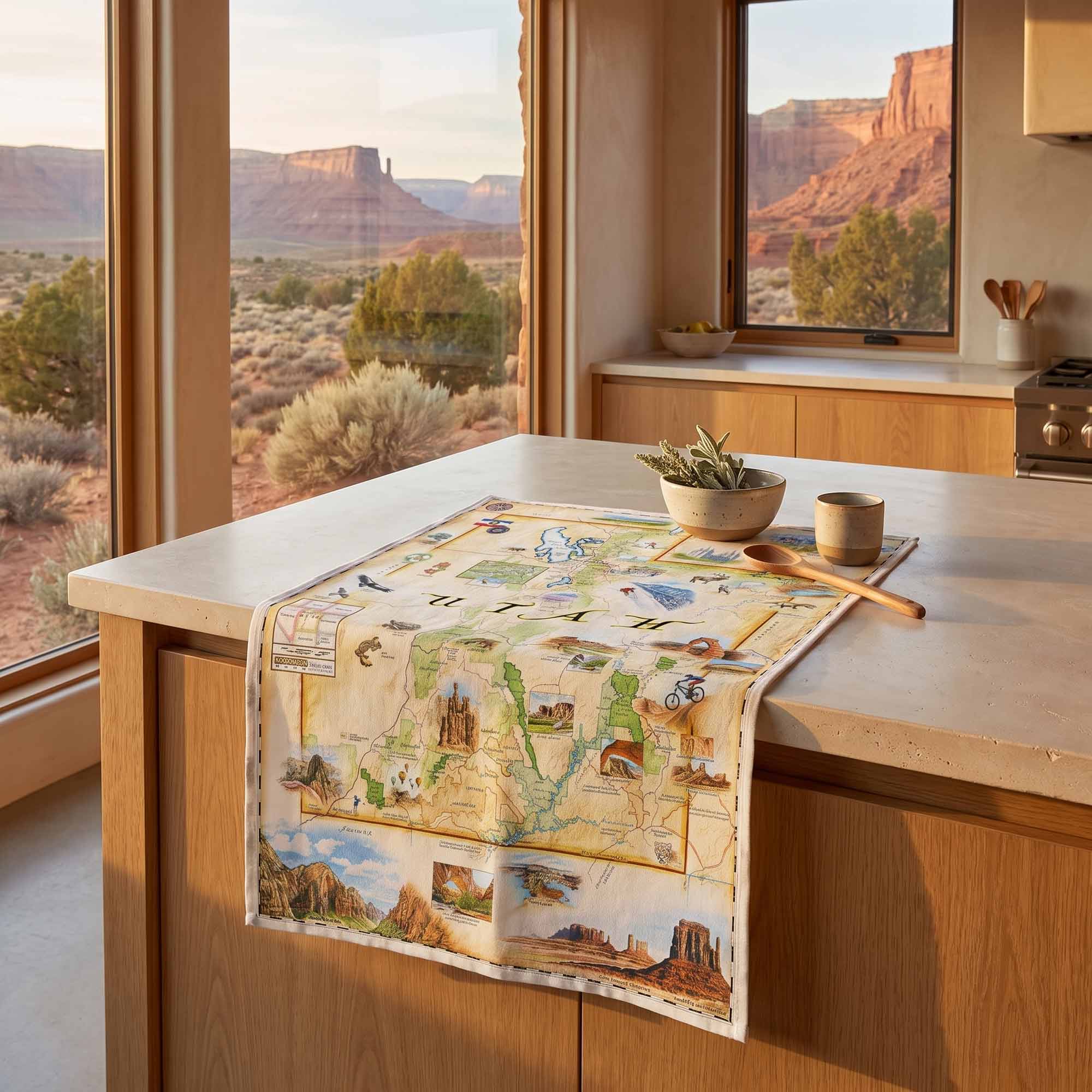 A rectangular table runner with a detailed western desert map design and scenic illustrations is draped over a kitchen island. The kitchen has light wood cabinets, a beige countertop, and large windows showcasing a scenic red rock desert landscape at sunset.
