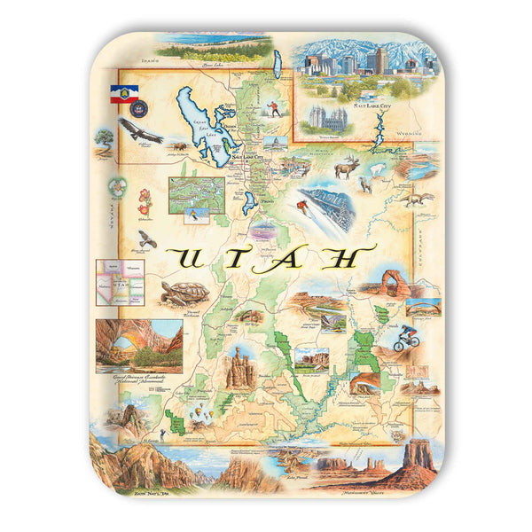 Large Rectangle Map Serving Tray of Utah with various attractions and landmarks on a white background