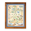 Utah State hand-drawn map in earth tones blues and greens. The map print is framed in reclaimed Montana Flathead Lake Larch with a blue mat. 