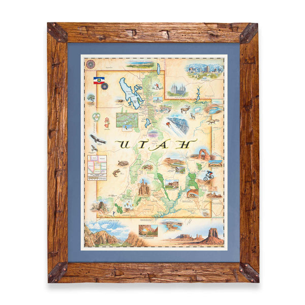 Utah State hand-drawn map in earth tones blues and greens. The map print is framed in Montana hand-scraped pine with a blue mat.