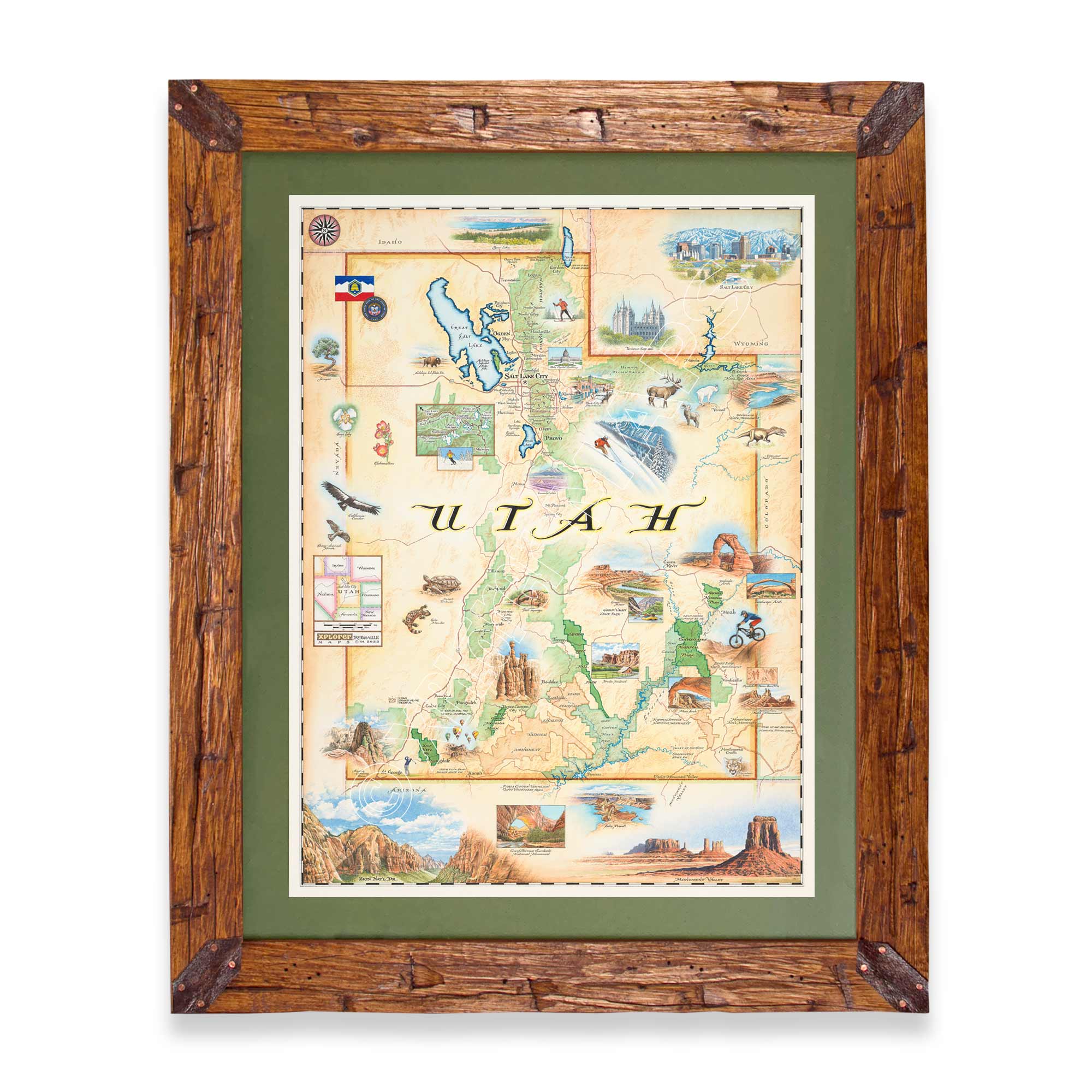 Utah State hand-drawn map in earth tones blues and greens. The map print is framed in Montana hand-scraped pine with a green mat.