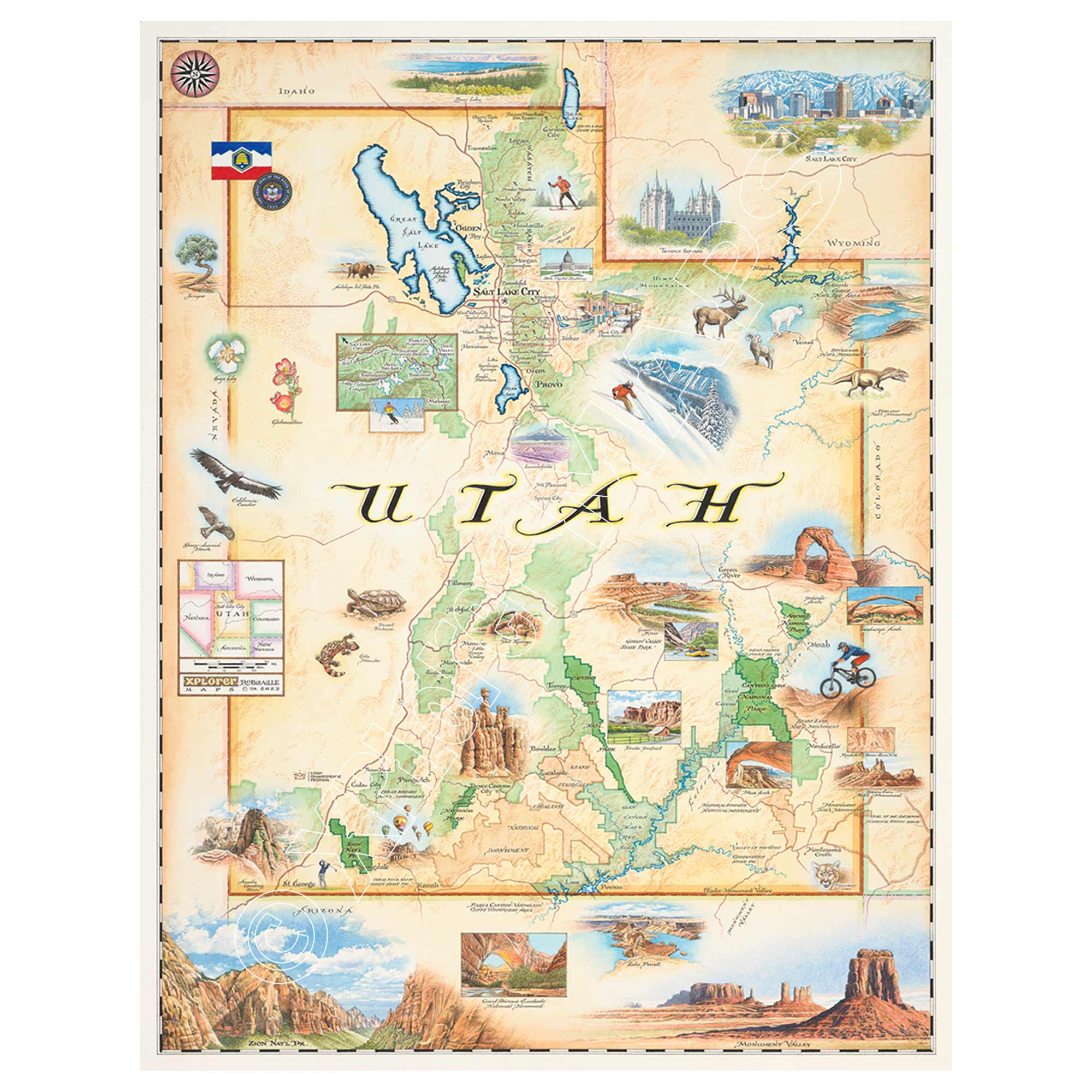 Utah State hand-drawn map by Xplorer Maps. The art print showcases National Parks, including Arches and Canyonlands, Bryce Canyon, Monument Valley, and Zion. Popular activities such as mountain biking, skiing, river rafting, and hot air balloons are depicted. The map also features various animals, including dinosaurs, deer, turtles, lizards, and birds
