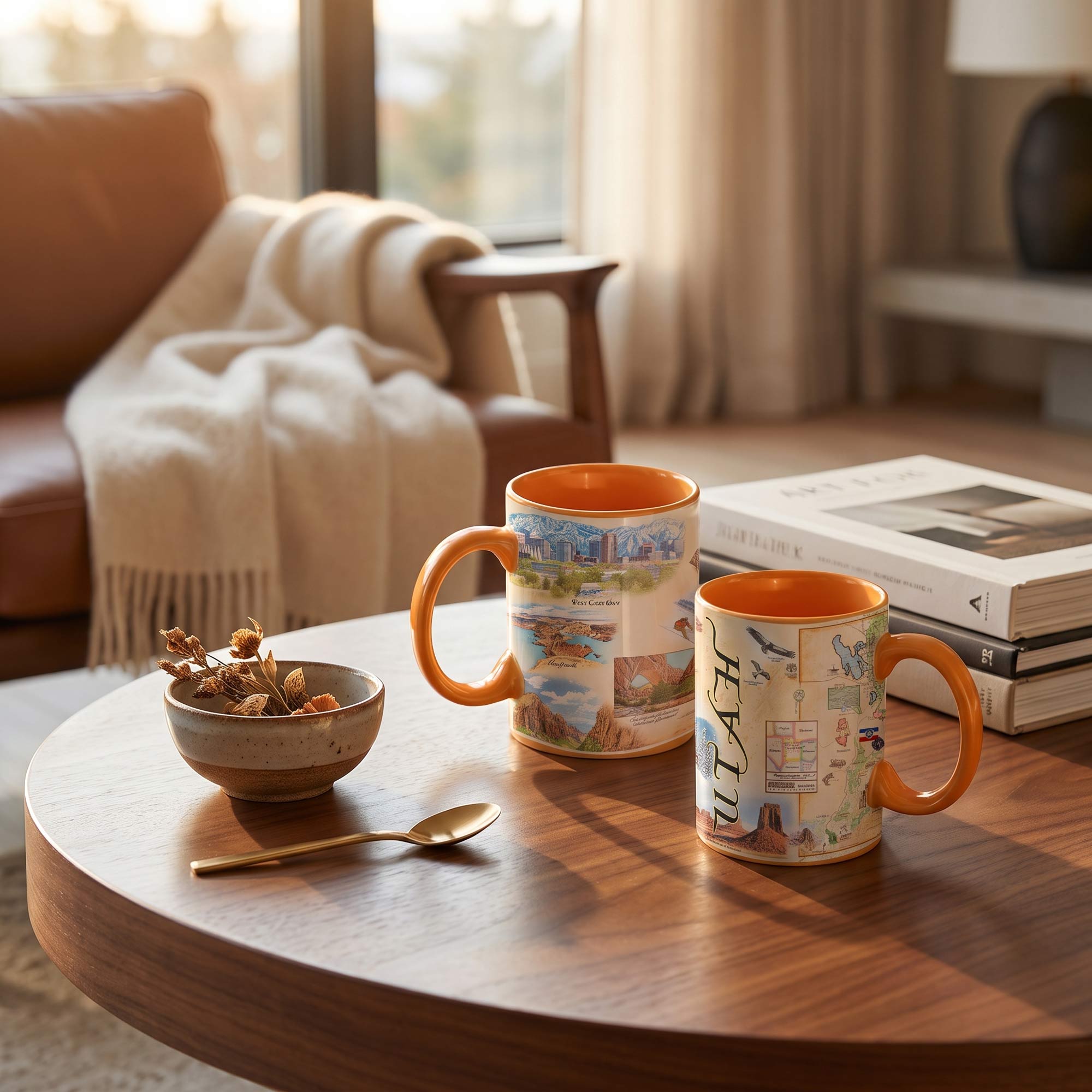 Two ceramic mugs with orange interiors and handles, decorated with scenic collage-style prints, sit on a round wooden table in a warm, sunlit living room. One mug shows the word 