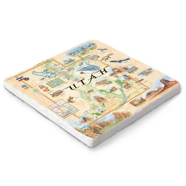 Hand-drawn Utah map on 6x6 natural marble trivet by Xplorer Maps.