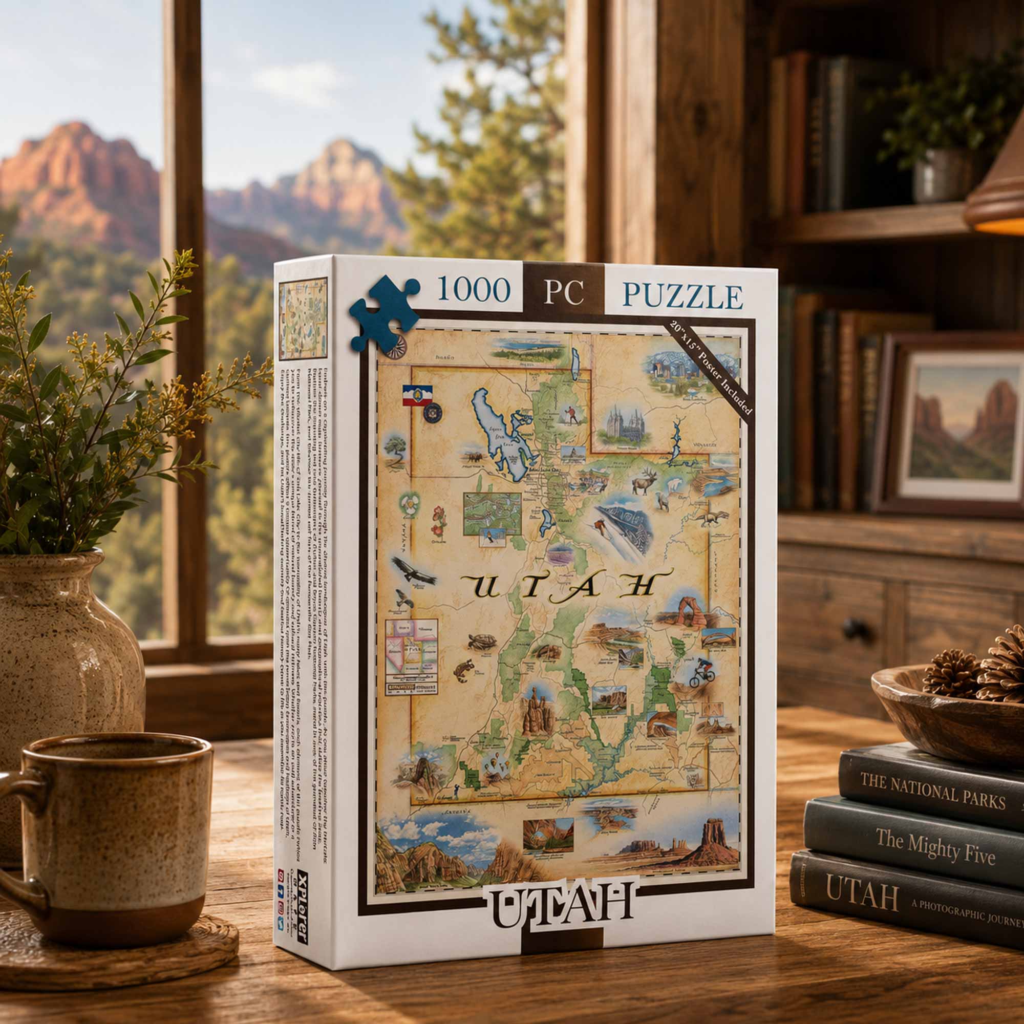 A 1000-piece Utah jigsaw puzzle box displayed on a wooden table in a cozy room setting with a window showing a mountain landscape in the background.