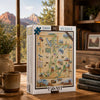 A 1000-piece Utah jigsaw puzzle box displayed on a wooden table in a cozy room setting with a window showing a mountain landscape in the background.