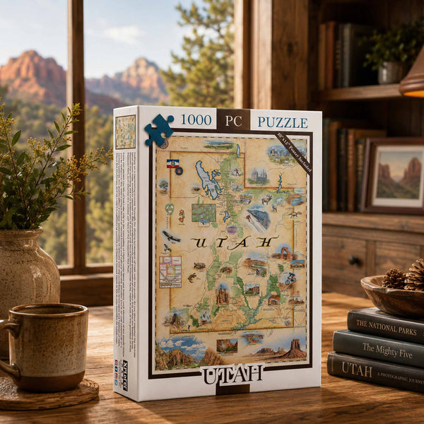 A 1000-piece Utah jigsaw puzzle box displayed on a wooden table in a cozy room setting with a window showing a mountain landscape in the background.
