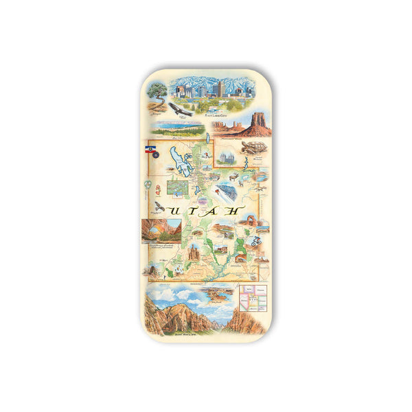Small Map Serving Tray of Utah featuring various landmarks on a white background