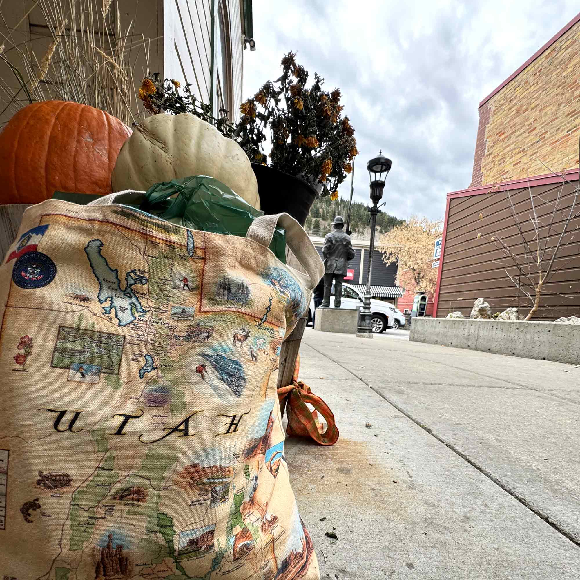 A Utah Canvas tote bag sitting in front of  an orange pumpkin and a white pumpkin. 