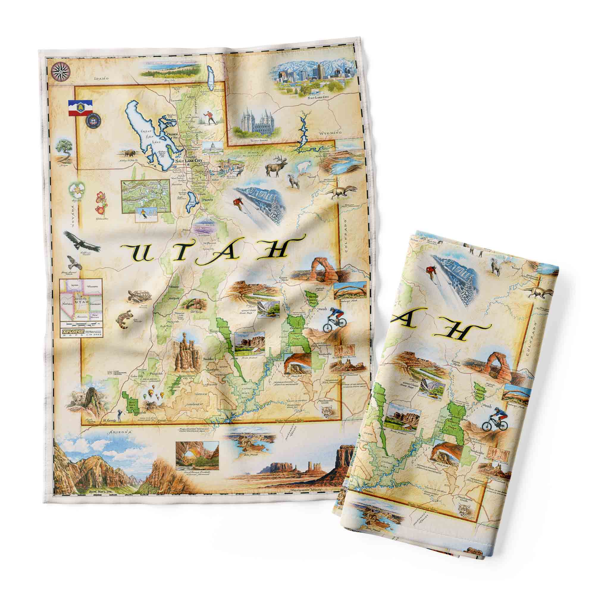 Set of two decorative towels with a map design of Utah on a white background