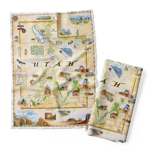 Set of two decorative towels with a map design of Utah on a white background