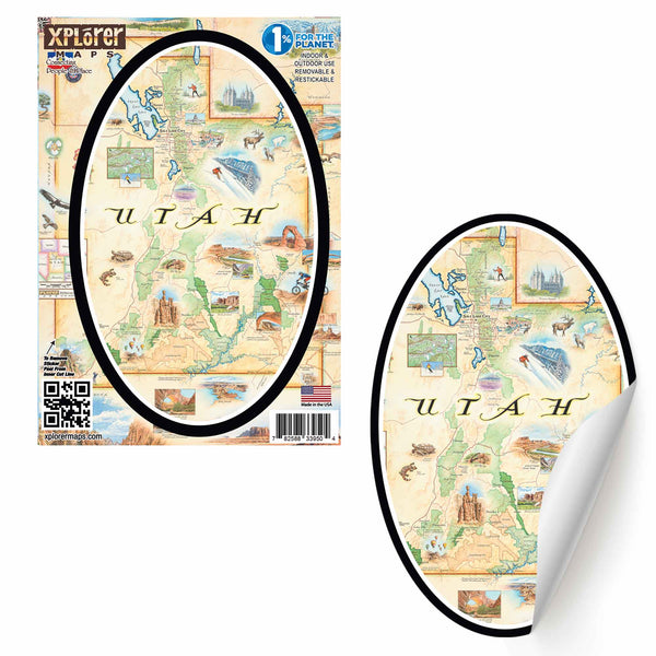 Hand-drawn Xplorer Maps art sticker of Utah, oval-shaped, 5.5" x 3.5", removable and re-stickable high-quality vinyl.