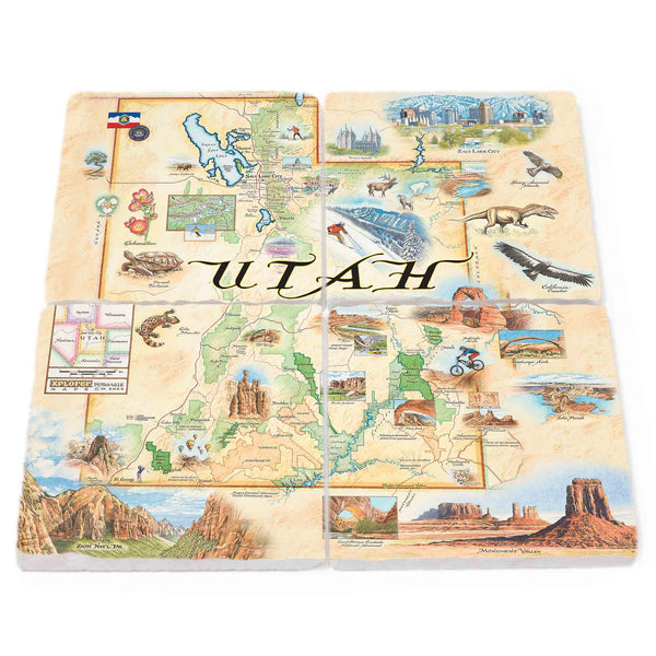 Utah State Map Natural Stone Coasters Set of 4, forming the map of Utah. Each coaster is a work of art, featuring hand-drawn depictions of iconic National Parks like Arches, Canyonlands, Bryce Canyon, Monument Valley, and Zion. The illustrations also showcase popular activities and diverse wildlife, from mountain biking, skiing, and river rafting to dinosaurs, deer, turtles, lizards, and birds.