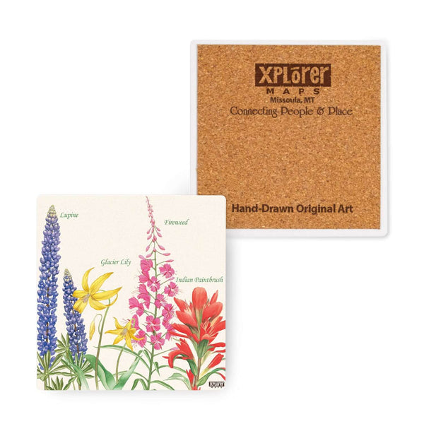 4"x4" Montana Wildflowers Ceramic Coaster by Xplorer Maps. The hand-drawn flowers are of a purple Lupine, yellow glacier Lily, pink fireweed, and a red paintbrush.