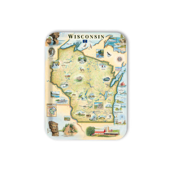 Medium Serving Tray Map of Wisconsin with various icons on a white background