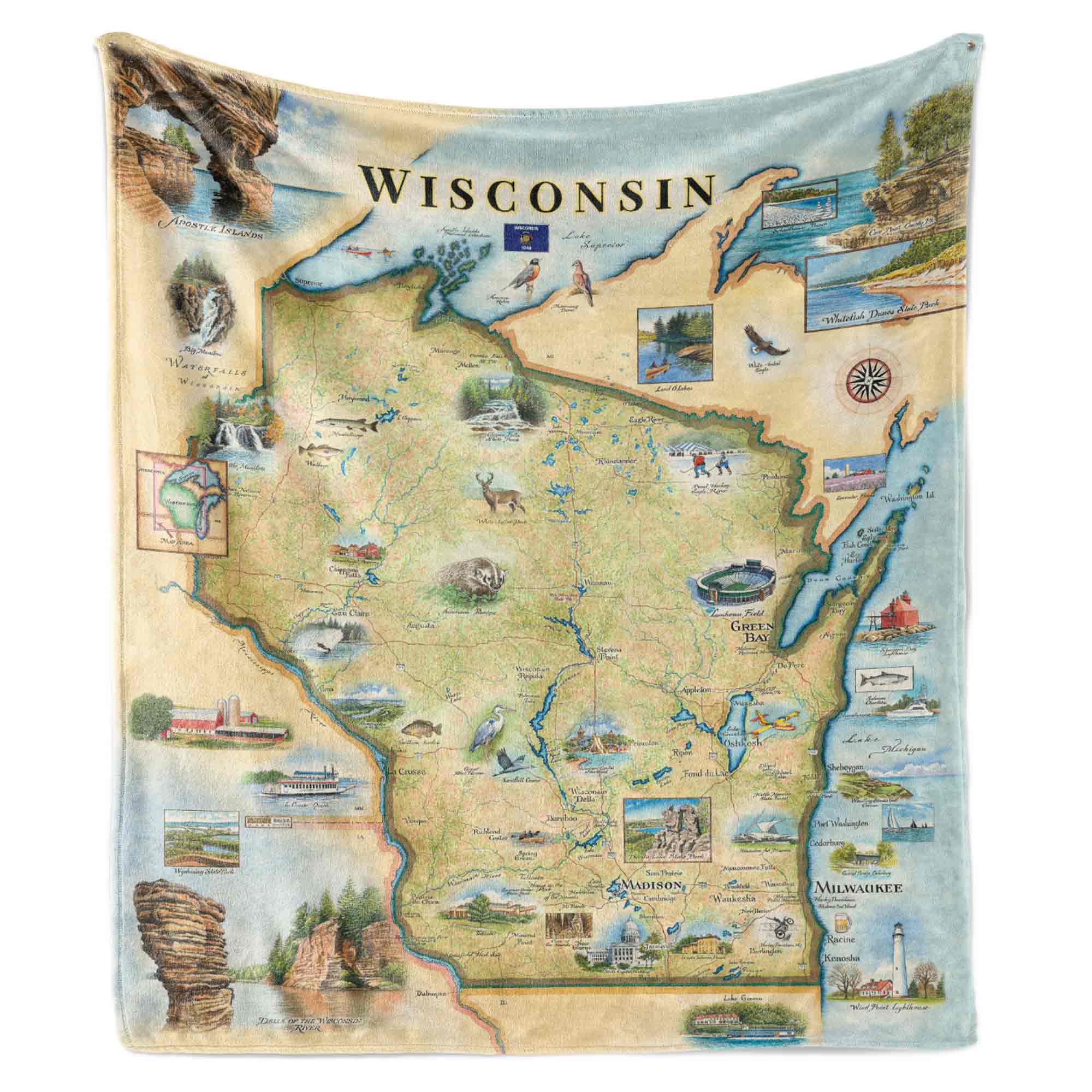 Map of Wisconsin with various icons and landmarks on a blanket