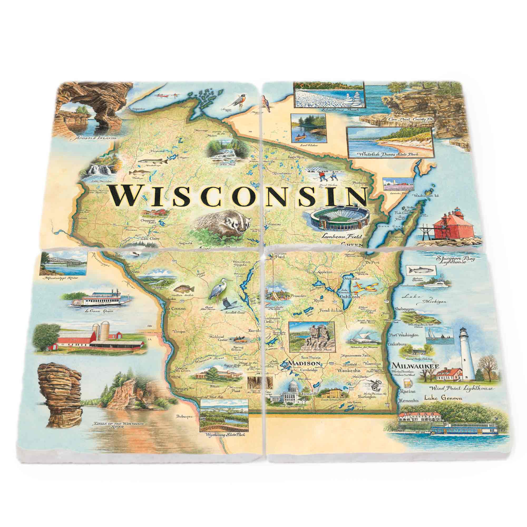 Wisconsin Fun Map Wisconsin Map Natural Stone Coaster Set | Xplorer Maps