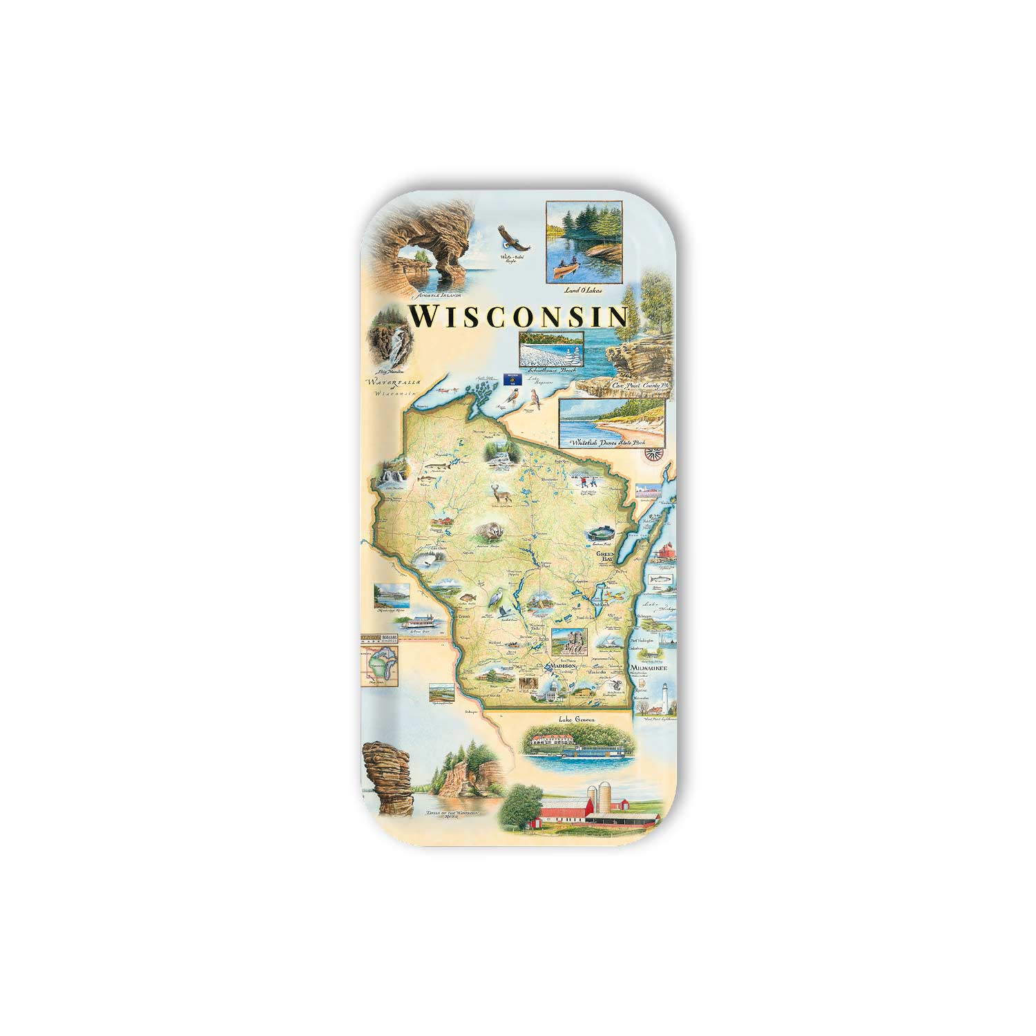 Small Serving Tray Map of Wisconsin on a phone case with various icons and illustrations.