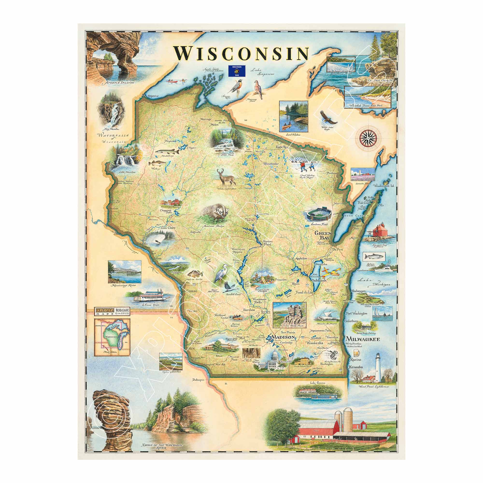 Wisconsin Map | Hand-Drawn by Chris Robitaille | Xplorer Maps