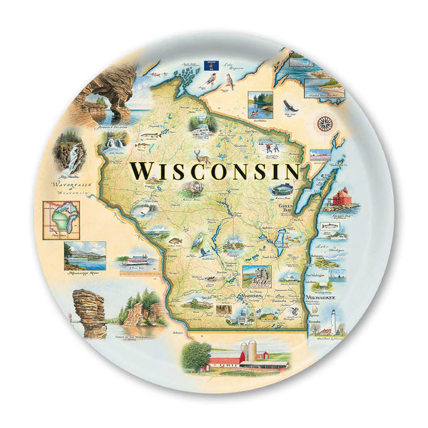 Round Serving Tray  Map of Wisconsin with various icons and scenic illustrations on a decorative plate.
