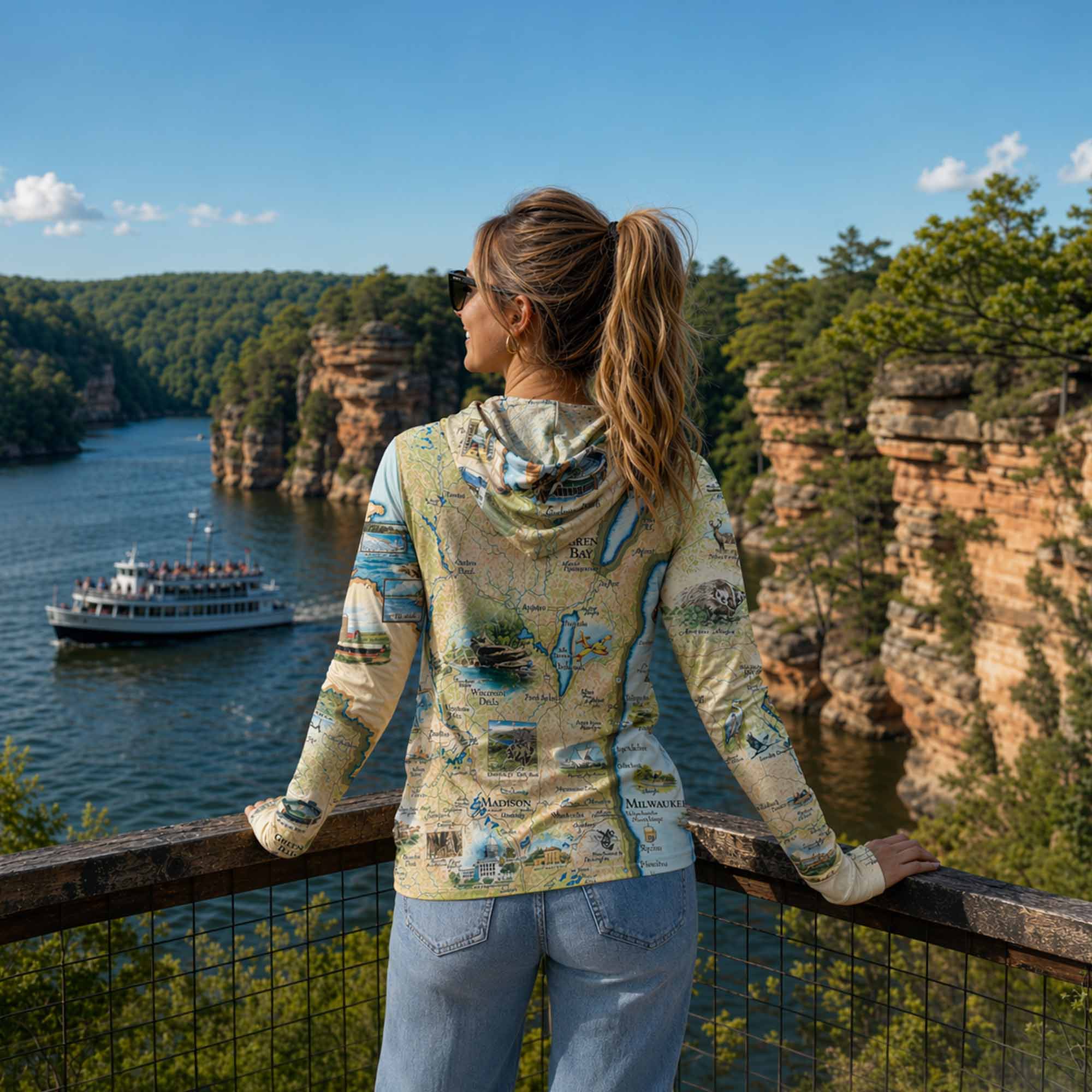 Person wearing a map-patterned jacket overlooking a scenic lake with a boat and cliffs.