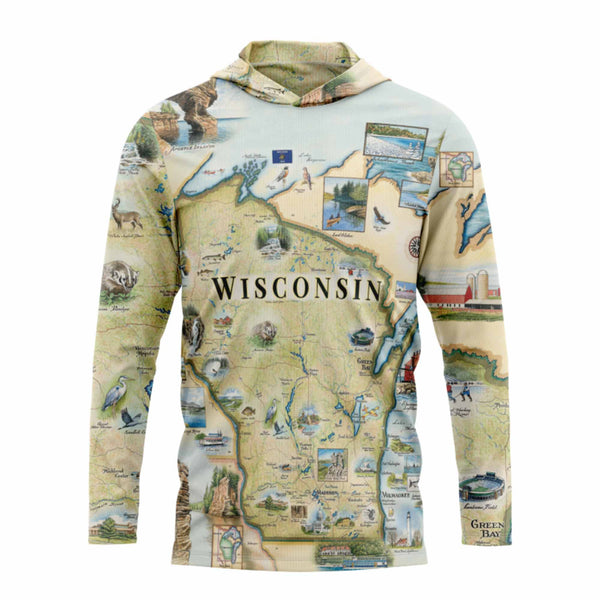 Hoodie with a map of Wisconsin design on a white background