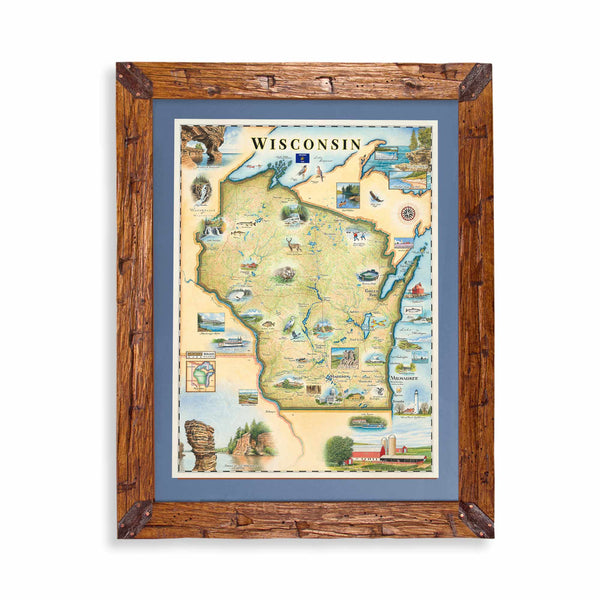 Framed map of Wisconsin with a wooden frame on a white background