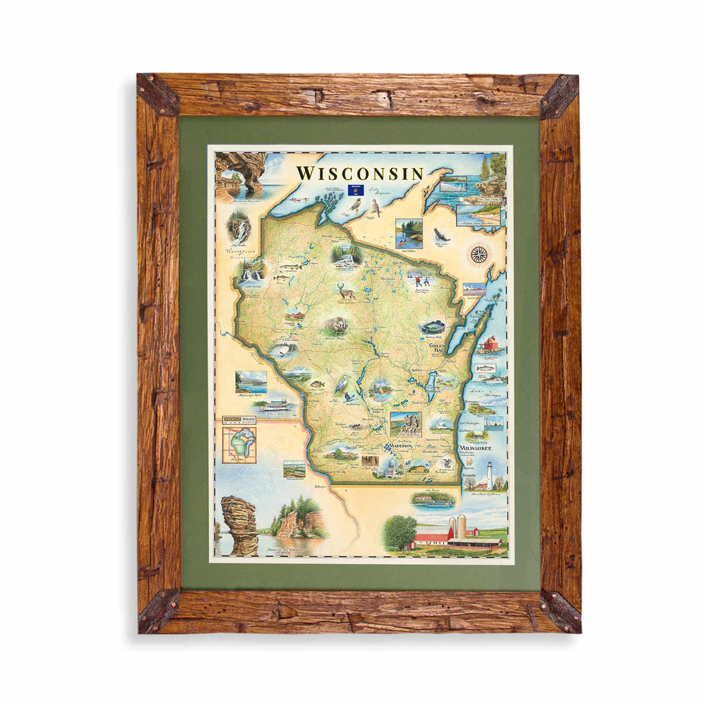 Framed map of Wisconsin with a wooden frame on a white background