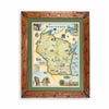 Framed map of Wisconsin with a wooden frame on a white background