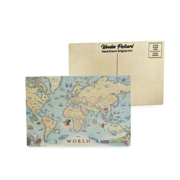World Map wooden postcard in earth tone colors featuring hand-drawn illustrations of global landmarks, continents, and cultural icons.