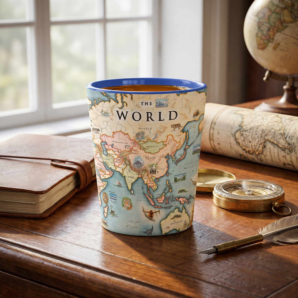 A ceramic mug printed with a vintage world map design sits on a wooden desk in a styled room setting with a window, notebook, globe, and compass.