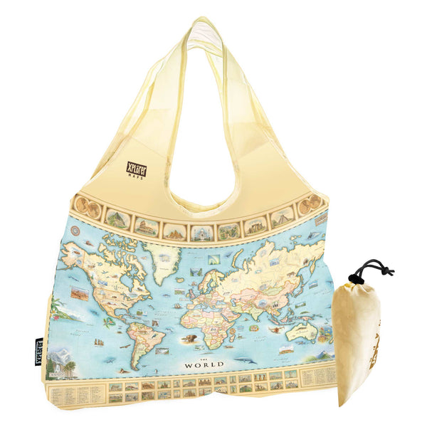 World Map Pouch Tote Bags by Xplorer Maps. The map features the entire world with illustrations of significant places and major flora and fauna. Some places include Machu Pichu, the Eiffel Tower, Mount Everest, and Easter Island.