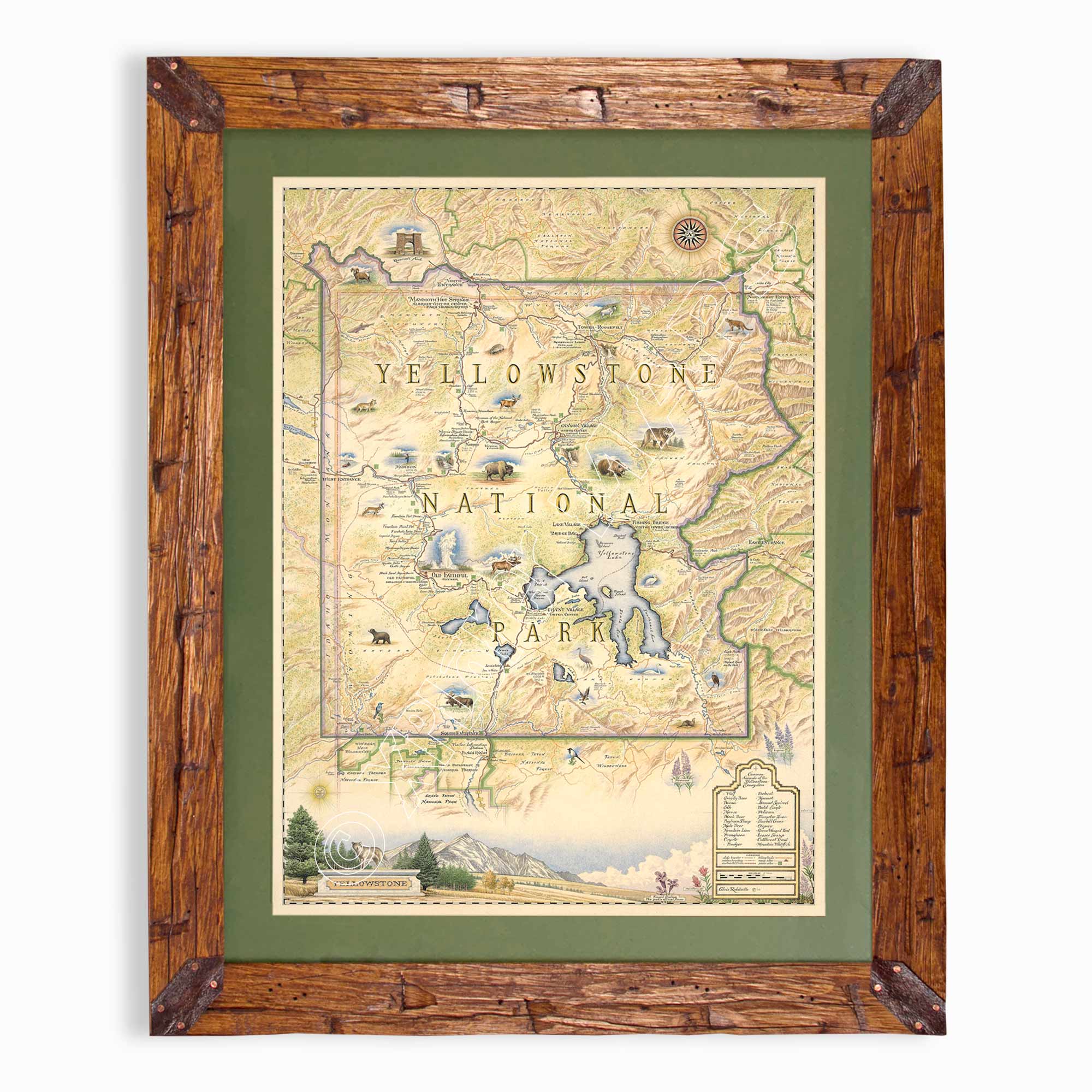 Framed vintage-style map art print of Yellowstone National Park, featuring a rustic dark brown wooden frame, olive green mat board, and an antique cream-colored map with blue water details.