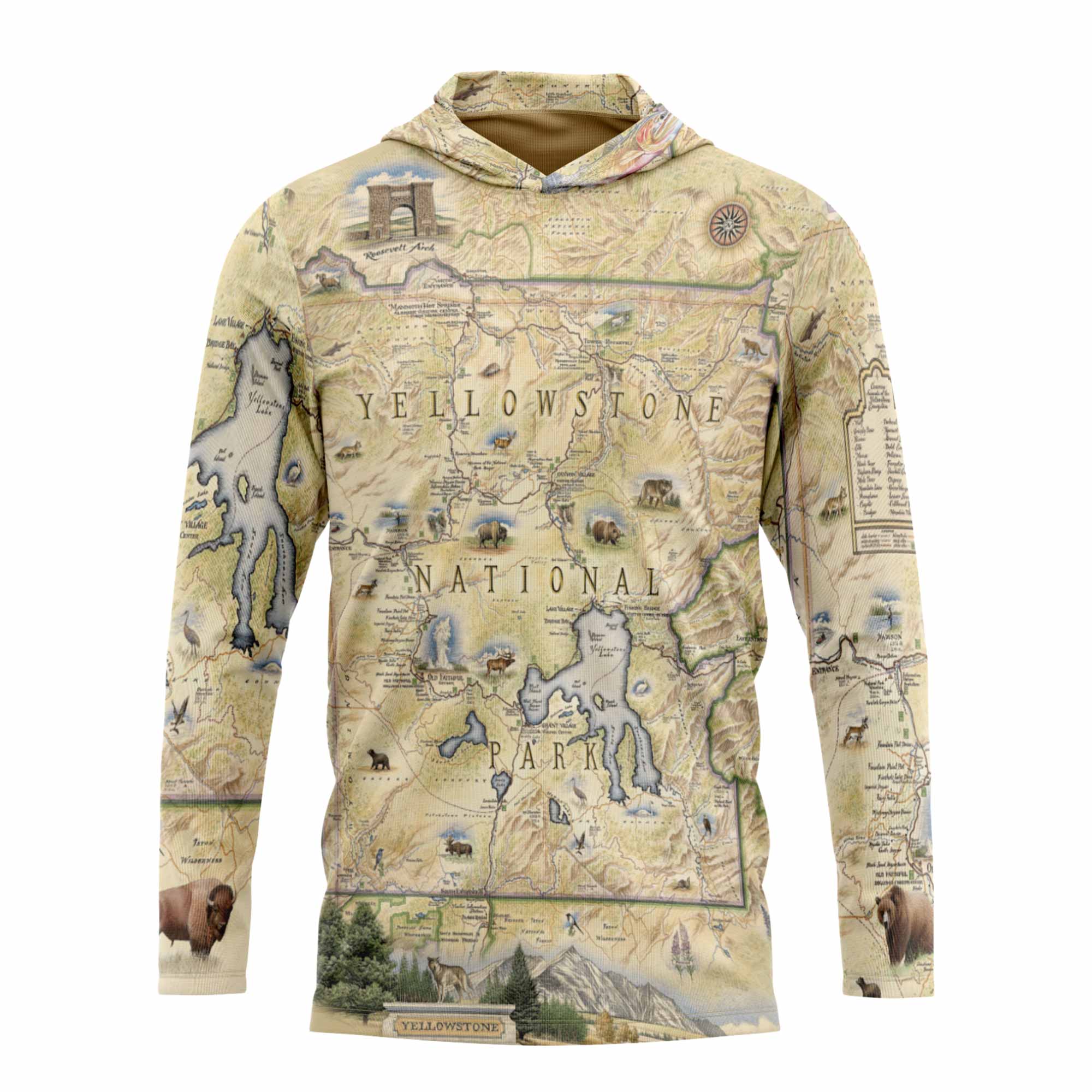 Front Sun Shirt Hoodie with Yellowstone National Park map design on a white background