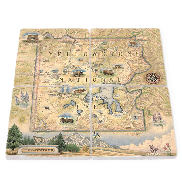Image: Yellowstone National Park stone coasters featuring popular attractions such as Old Faithful, Grand Prismatic Spring, Yellowstone Lake, and the Grand Canyon of the Yellowstone, amidst the surrounding wilderness. These coasters also highlight the diverse flora including lodgepole pine forests, wildflowers, and thermal algae mats, alongside fauna such as bison, elk, grizzly bears, wolves, and bald eagles