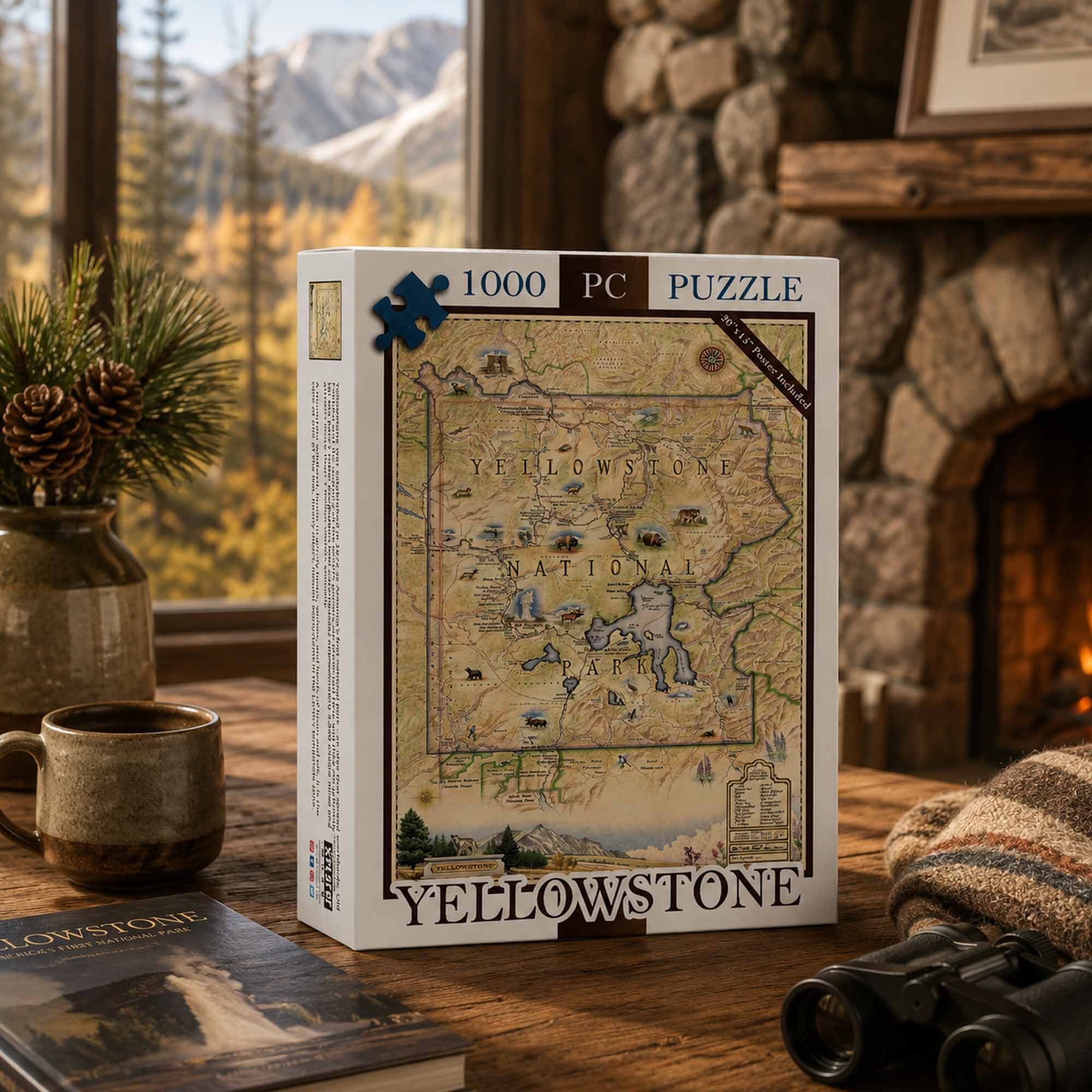 A 1000-piece jigsaw puzzle box featuring a vintage map of Yellowstone National Park, displayed on a rustic wooden table in a cozy room setting with a fireplace, binoculars, and a coffee mug.
