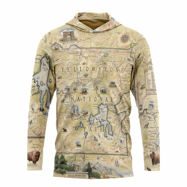 Front Sun Shirt Hoodie with Yellowstone National Park map design on a white background