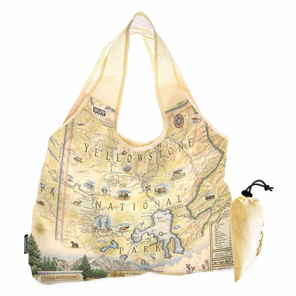 Yellowstone National Park Map Pouch Tote Bags by Xplorer Maps. The map features illustrations of places such as Yellowstone Lake, Old Faithful, and Roosevelt Tower. Flora and fauna include mountain lions, world, grizzly bears, fireweed, and lupine.