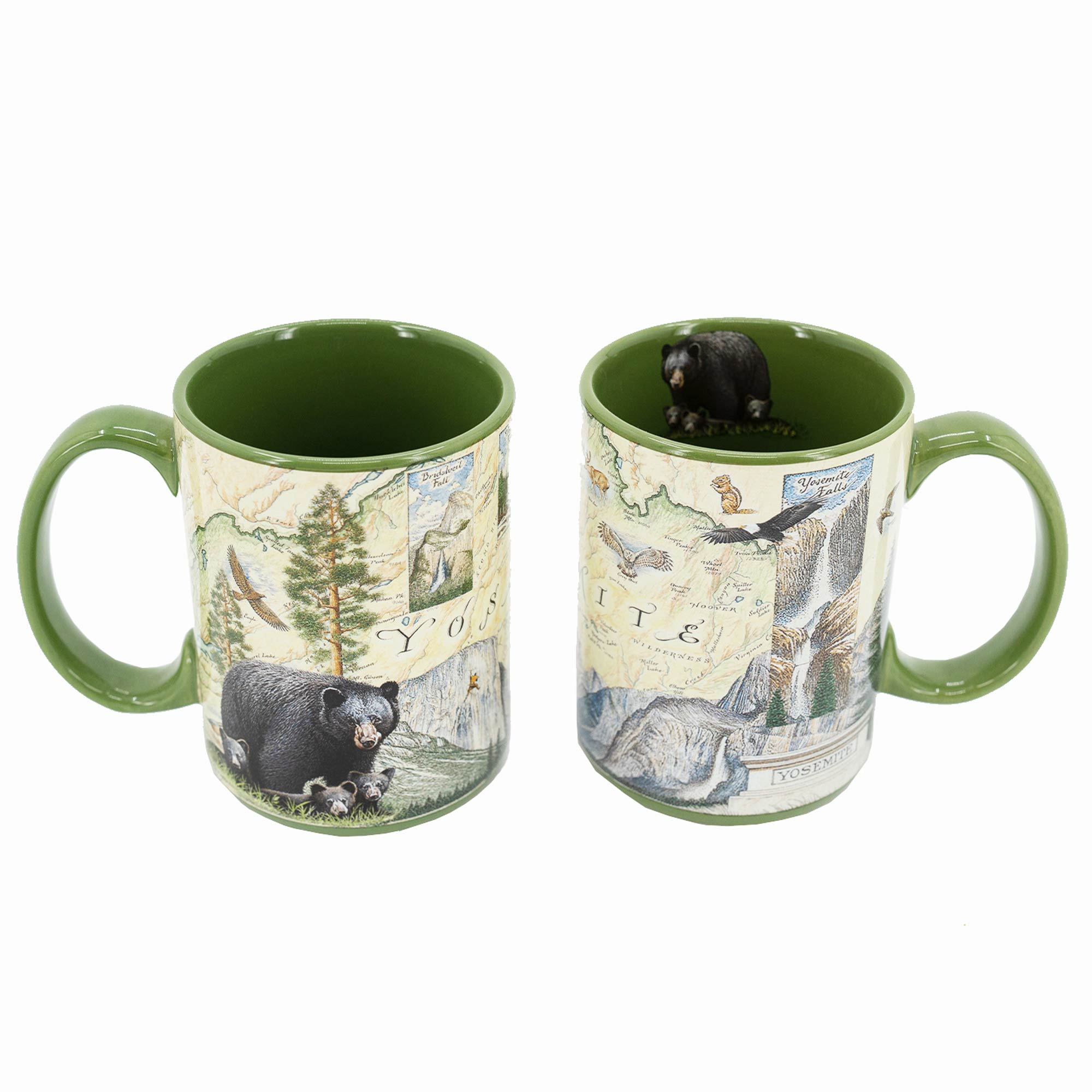 Two green 16 oz Yosemite National Park Ceramic coffee Mug. The map features illustrations of places such as Vernall Falls, El Capitan, and Half Dome. Flora and fauna include black bear, mule deer, Indian paintbrush, grey owl, and coyote. Other illustrations include John Muir, mountain climbing, hiking, and Ansel Adams. 