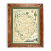 Framed vintage-style map of Yosemite National Park with illustrated landmarks, a bear, a tree, and mountain scenes, set in a green mat and rustic wooden frame against a white background.