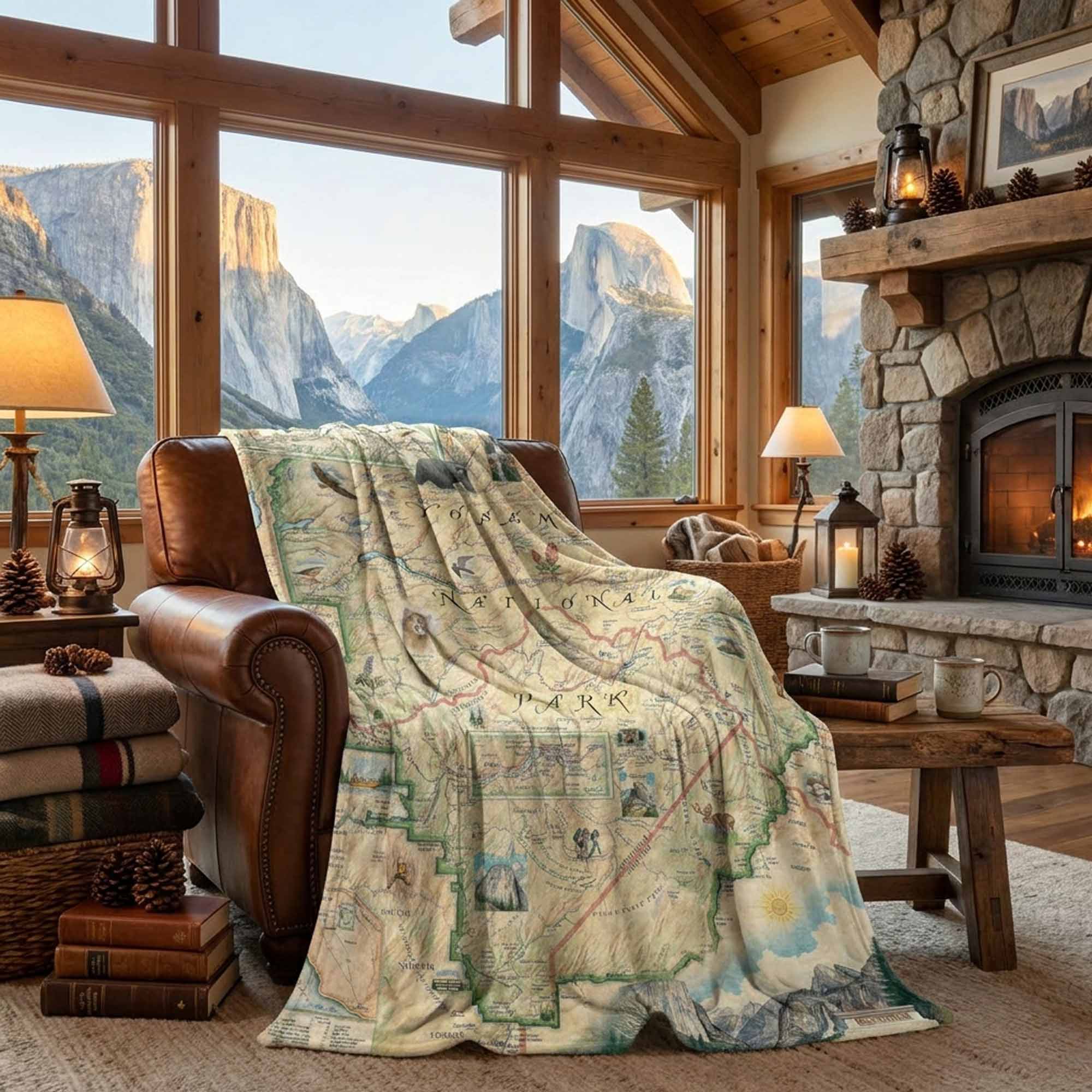 Cozy living room with a map-themed blanket draped over a chair, stone fireplace, and mountain view.