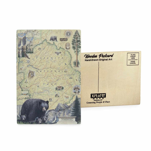 Yosemite National Park Map wooden postcard in earth tone colors featuring hand-drawn illustrations of Half Dome, El Capitan, waterfalls, and local wildlife.
