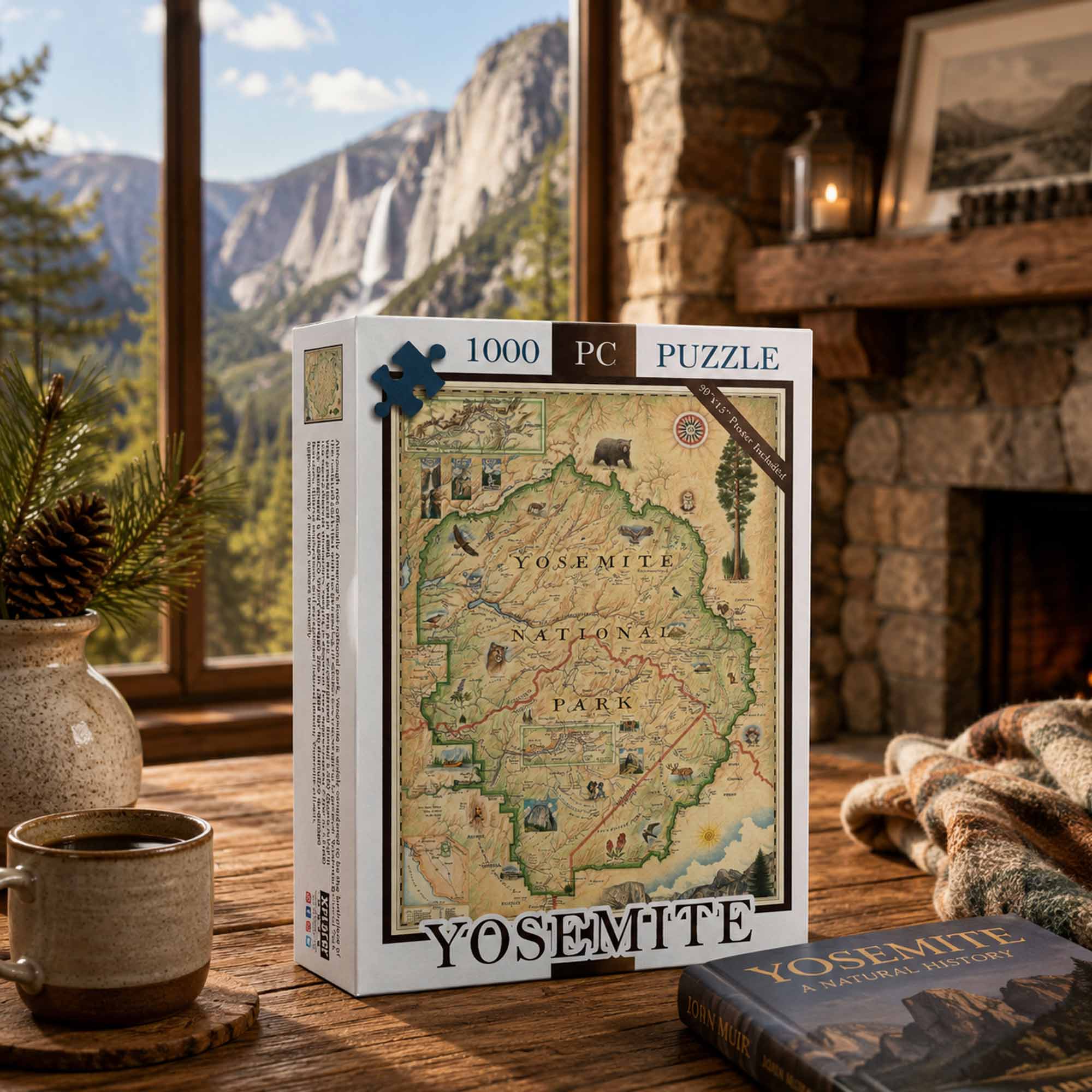 A 1000-piece jigsaw puzzle box featuring an antique-style map of Yosemite National Park, displayed on a rustic wooden table in a cozy room with a stone fireplace, mountain view, and a matching puzzle book.