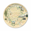 Round decorative serving tray with a map of Yosemite National Park featuring illustrations of animals and landmarks.