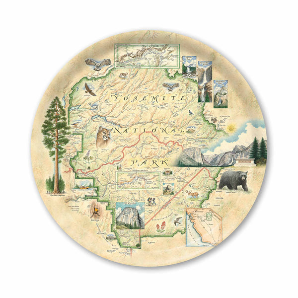 Round decorative serving tray with a map of Yosemite National Park featuring illustrations of animals and landmarks.