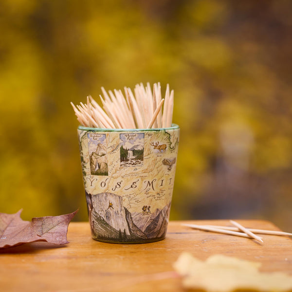 Shot glass with map design filled with toothpicks on a wooden surface with a blurred natural background