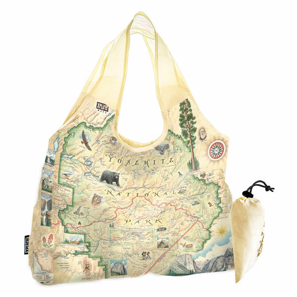 Yosemite National Park Map Pouch Tote Bags by Xplorer Maps. The map features illustrations of places such as Vernall Falls, El Capitan, and Half Dome. Flora and fauna include mule deer,.