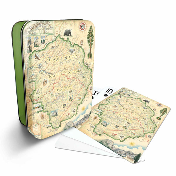 Yosemite Nation Parks Map Playing cards that features iconic attractions, flora and fauna of that area - Green Metal Tin